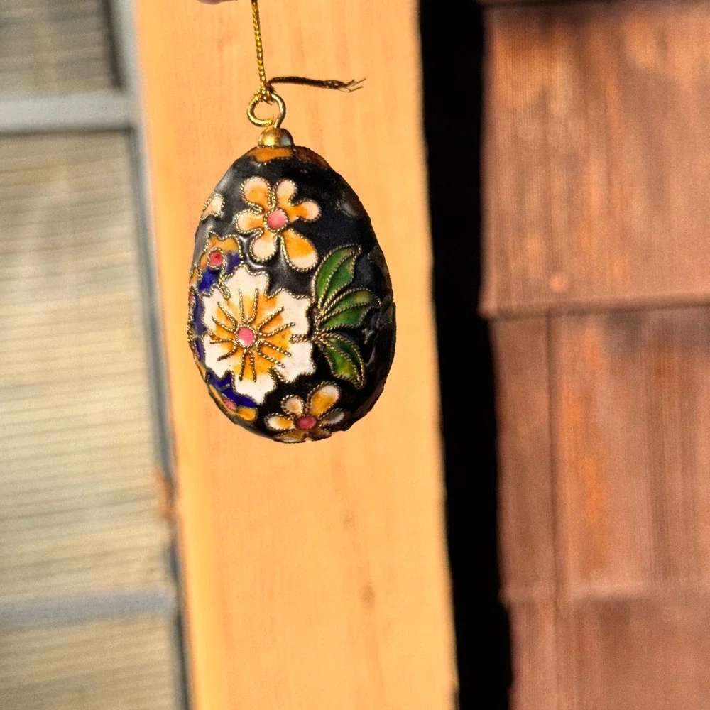 Cloisonne Egg Ornament Floral Black‎ Multicolor Christmas Holiday Decor